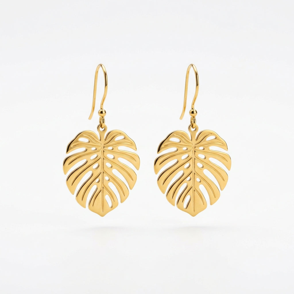 Boucles d'Oreilles Pendantes Feuilles Tropicales Dorées - Maison Bijoux