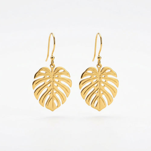 Boucles d'Oreilles Pendantes Feuilles Tropicales Dorées - Maison Bijoux
